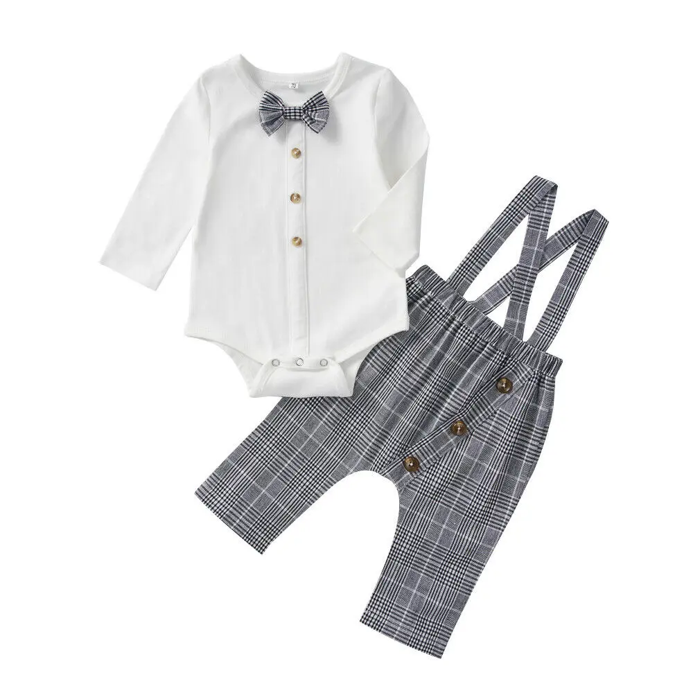 

2019 Baby Spring Autumn Clothing 2PCS Newborn Baby Boy Girl Long Sleeve Cotton Bow Tie Romper+ Overall Bib Pants Outfits Clothes