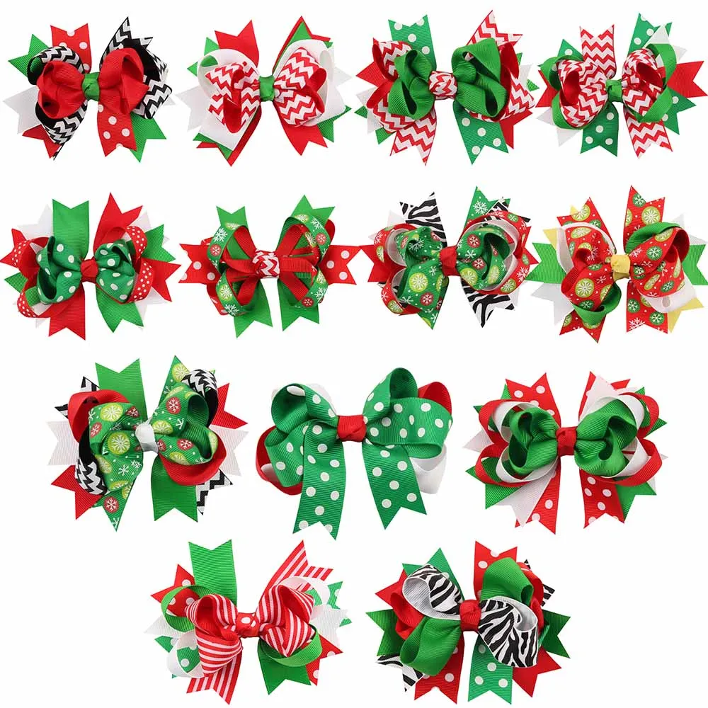 

13Pcs/lots 5''Christmas Hair Bows For Kids Printed Snow Layered Green Tree Dots Hair Clips Hairpins Festival Hair Accessories