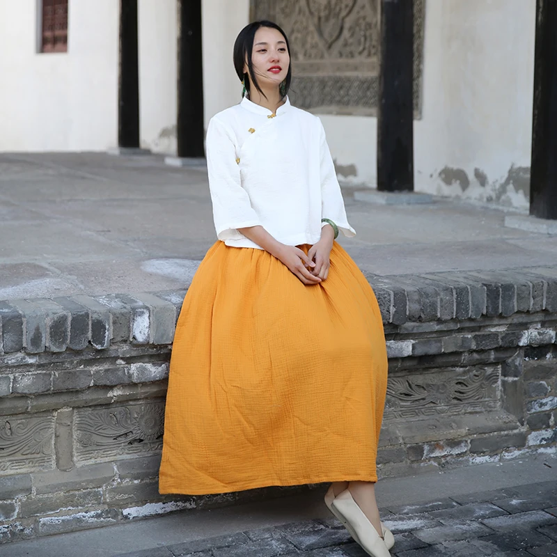 

Spring Mid-thick Textured Solid Yellow Large Hem Elastic Waist Women Skirt, Summer Elegant Ladies High Quality Loose Long Skirts