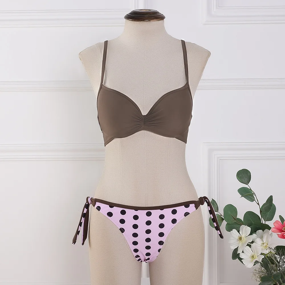 2020 Bikini Set Halter Swimwear Women Dot Solid Color Swimsuit Side Bandage Bathing Suit Beachwear Push Up Sexy Bikini