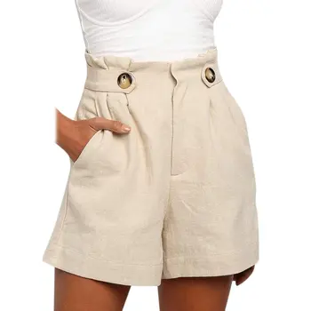 

Summer Shorts Cotton Linen Shorts Trousers Feminino Women's High Elastic Wasit Home Loose Casual Shorts With Pocket
