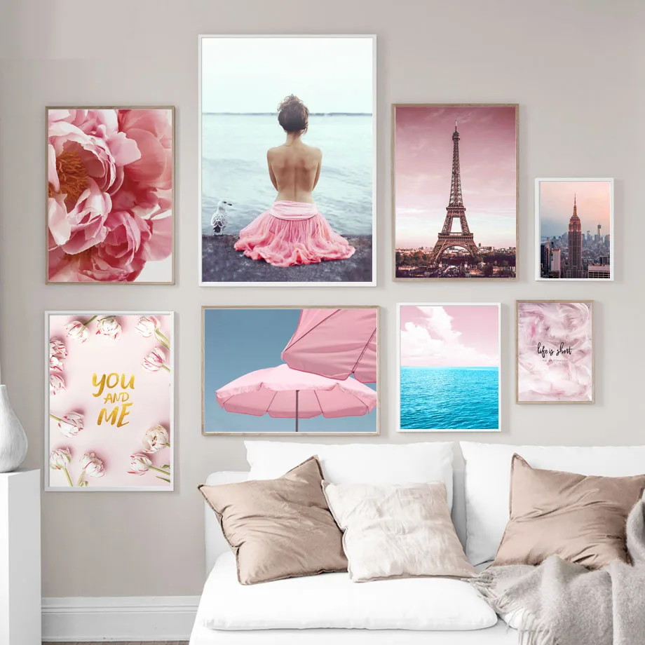 Настенная Художественная Картина на холсте Париж, Нью-Йорк, Империя штата, Розовое перо, девушка, скандинавские плакаты и принты, настенные картины для гостиной