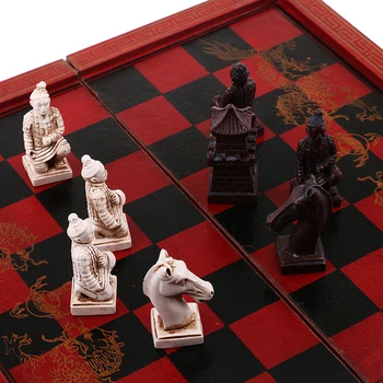 

Folding Chess Set Terracotta Army Chess Pieces with Wooden Game Board for Family Friends Coworkers Gift