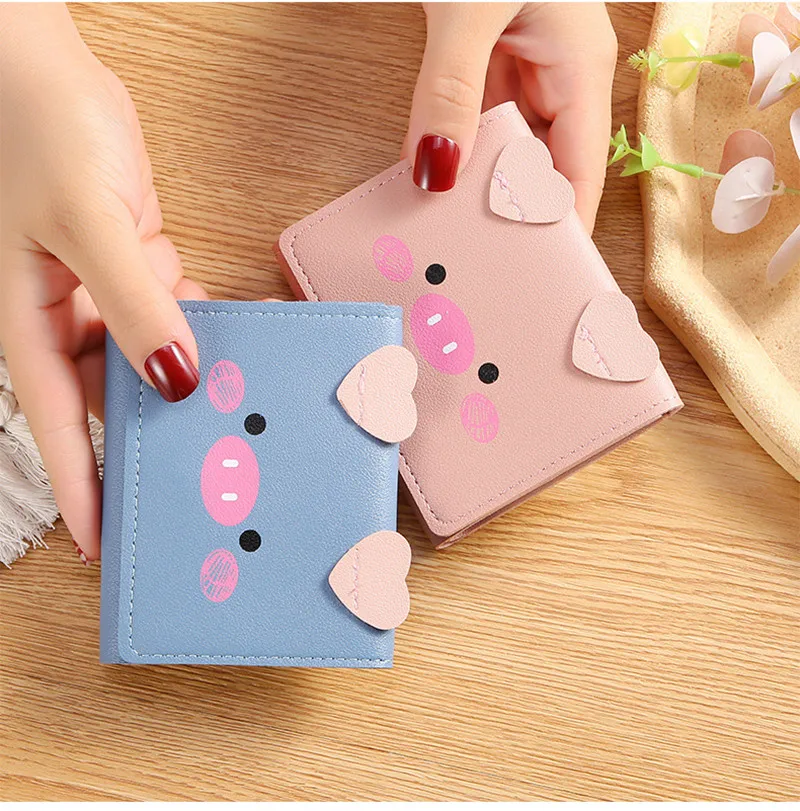 2022 Kawaii Pig Style Short Wallet Women Tri-fold Cute Cartoon Small Girl Wallet PU Leather ID Credit Card Holder Mini Purses