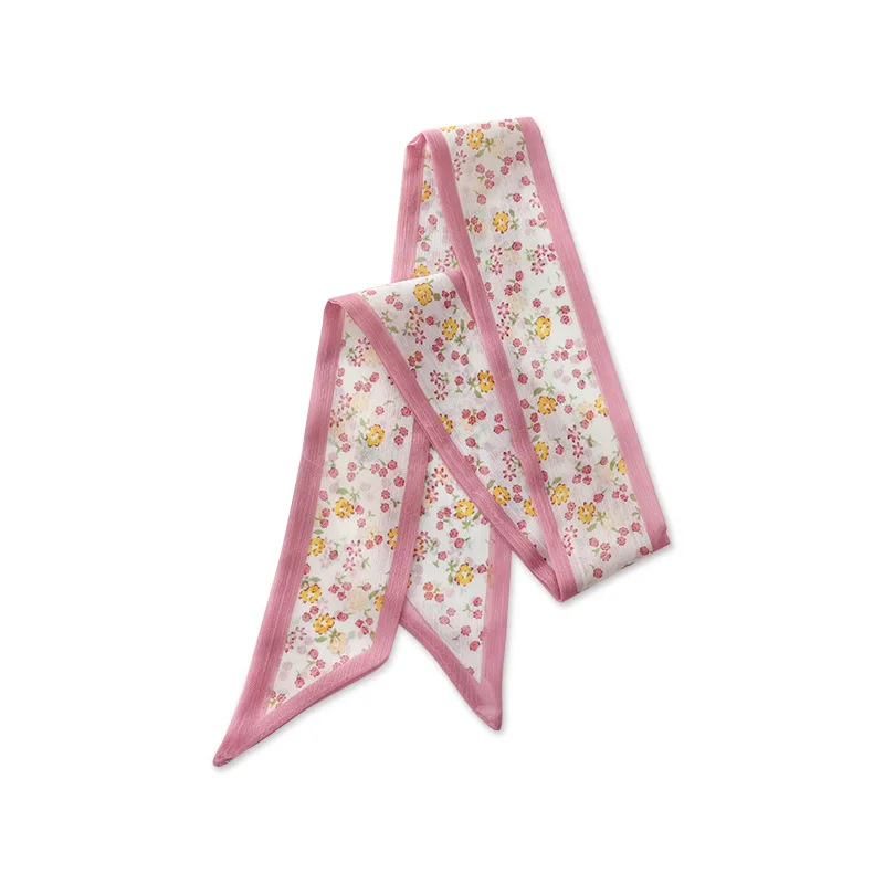Summer French Retro Pink Tied Hair Small Floral Long Silk Scarf Headband Braided Hair Chiffon Thin Ribbon Scarf 5
