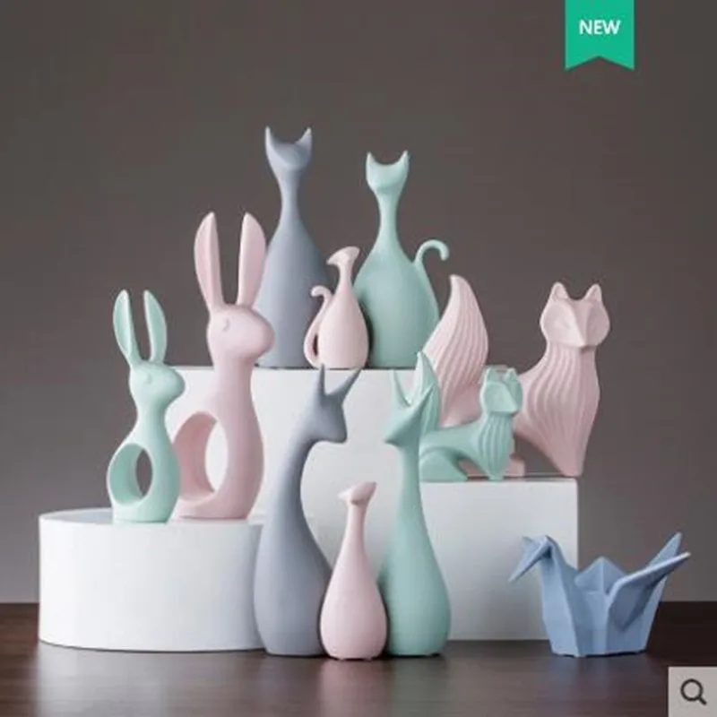 Скандинавские розовые зеленые керамические фигурки оленя кролика украшения для