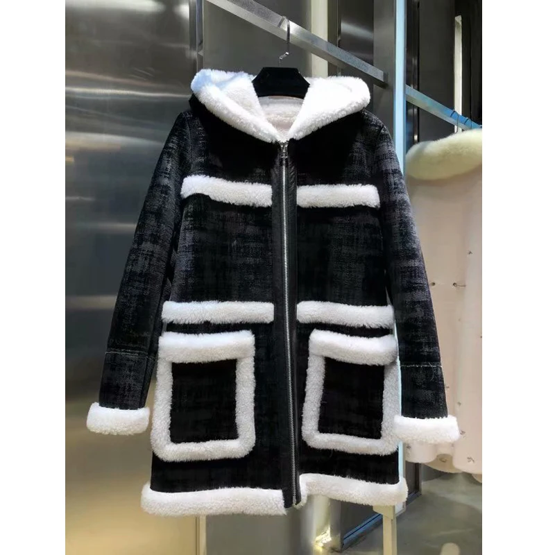 

9.12 2019 Autumn Winter New High quality contrast color hooded temperament wool particle real fur coat women