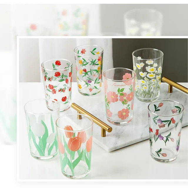 Flower Pattern Drinking Glasses With Lids And Straws, Can Shaped