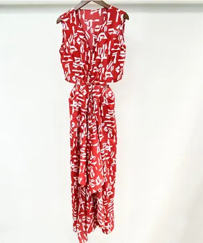 

V-neck Print Women Split Midi Dress 2020 New Sleeveless V-neck Red Waist Hollow Out Asymmetric Party Female Long Dresses