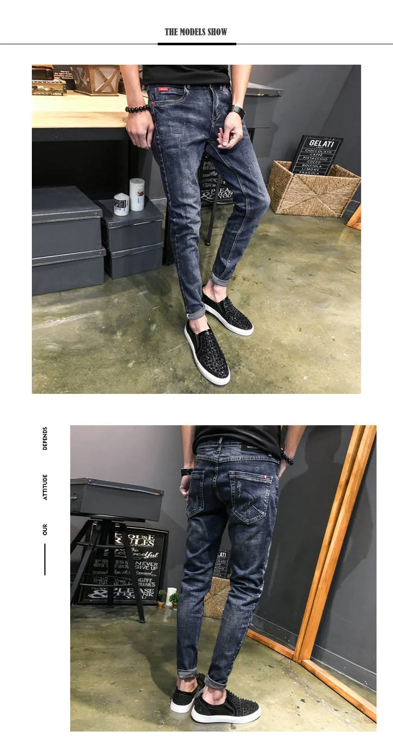 Оптовая продажа 2019 весна осень мужские джинсы из денима хип хоп тонкие корейские тонкие черные длинные рваные брюки стиля гранж