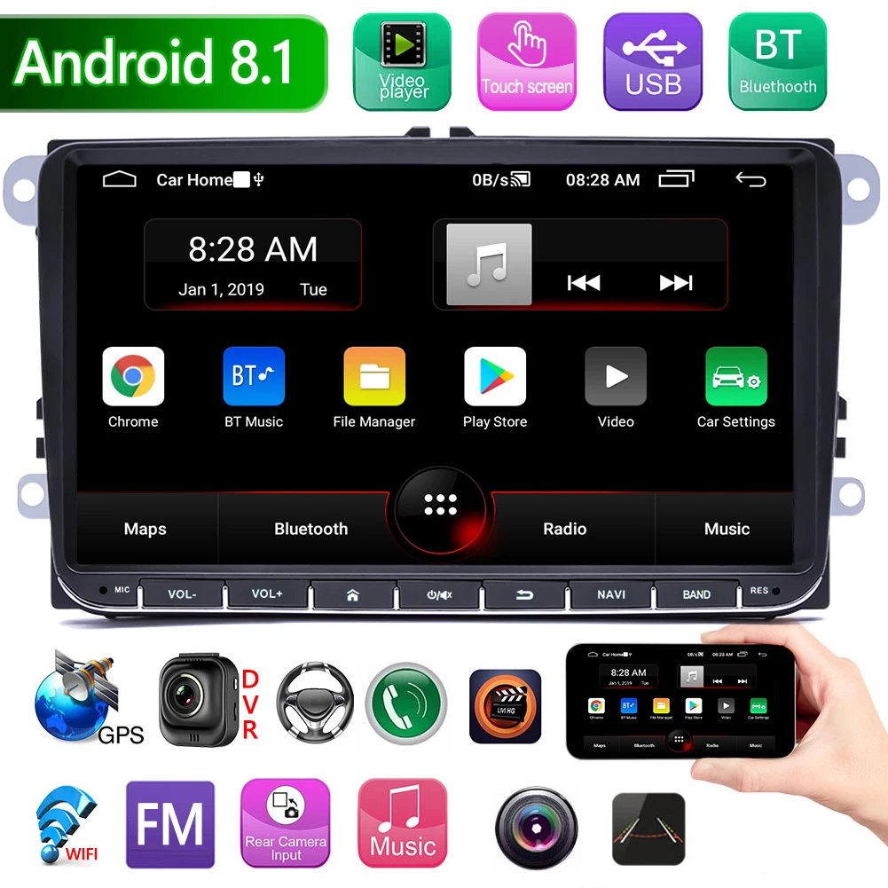 

Bluetooth FM Radio GPS Head Unit Save Time and Energy for Convenience 9093 2 DIN 9 inch Android 8.1 Car Stereo for VW