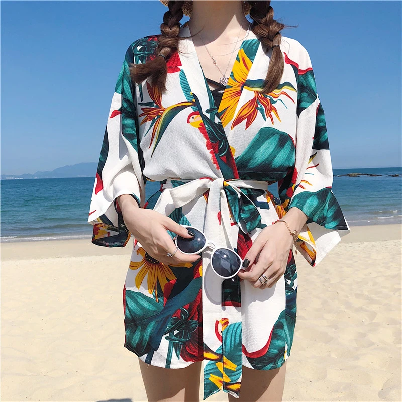 Japanese INS Style Sunblocking Kimono Haori Yukata Robe Women Cardigan Flower Print Retro Traditonal Beach Costume | Тематическая