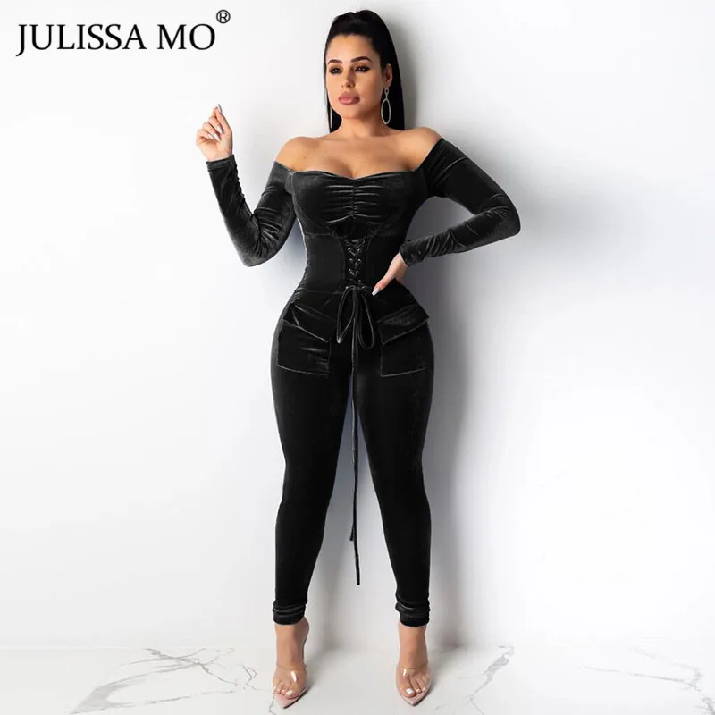 Julissa mo сексуальный Облегающий комбинезон с открытыми плечами женский фланелевый бандажный комбинезон с длинным рукавом Комбинезоны зимние элегантные на шнуровке комбинезон