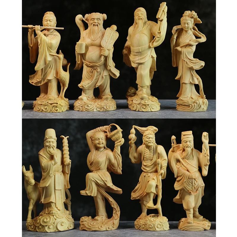

8pcs 15cm Eight Gods Boxwood Sculpture Chinese Myth Buddha Feng Shui Statue Room Collection Eight Immortals Cross Sea Home Decor