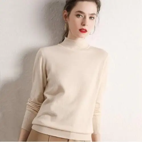 Beige GCAROL женский свитер с воротником-стойкой 30% шерсть толстый теплый джемпер осень зима короткий вязаный пуловер стрейчевое большого размера 2XL - Цвет: Beige