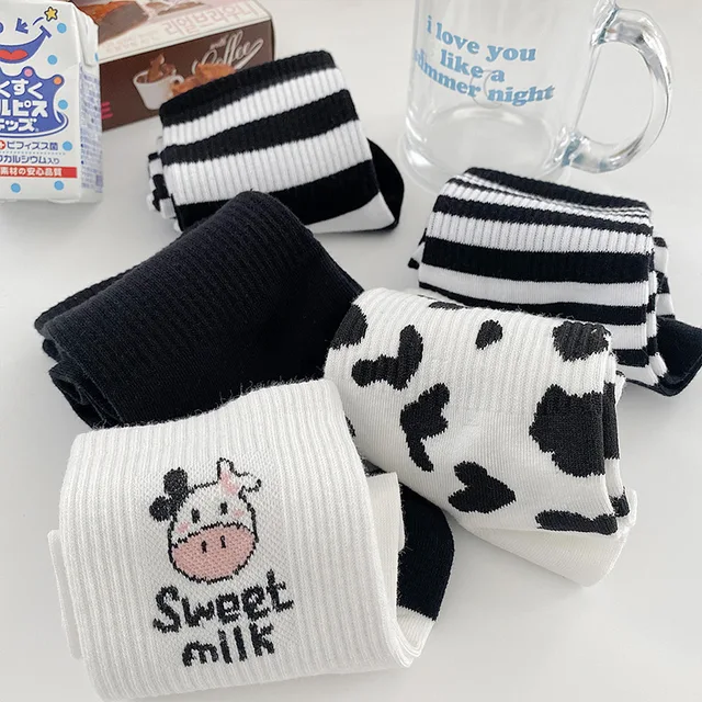 Striped socks funny cow print white cartoon calcetines cozy harajuku skarpetki damskie cute animal chaussettes kawaii - The Cow Print