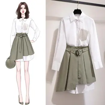 

Women Casual Lapel Patchwork Two Piece Sets Belt Long Sleeve Irregular Two Piece Outfits Blouse And Mini Skirts