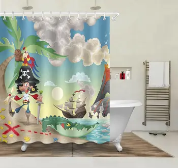 

Cartoon Pirate Treasure Hunt Bathroom Shower Curtain Set 100% Polyester Fabric