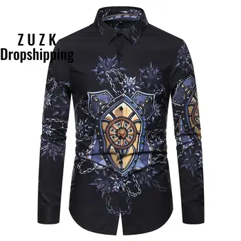 Printed Men Shirt Casual Nightclub Party Slim Fit Long Sleeve Mens Dress Shirts Tops Autumn Turndown Collar Camisas Masculina turndown collar tartan print shirt