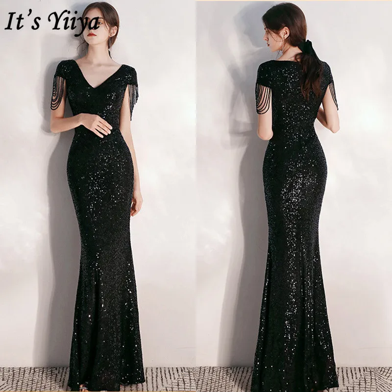 

It's YiiYa Evening Dresses Mermaid Plus Size Short Sleeve Solid Robe De Soiree K050 Zipper Beading Dress Woman Party