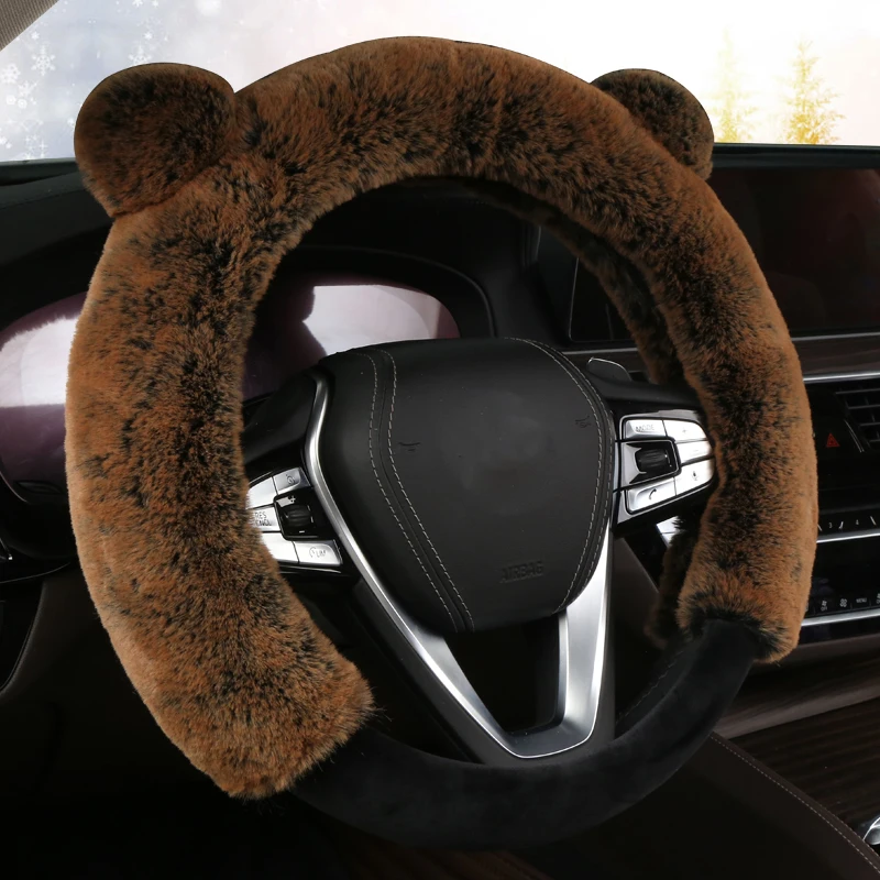 Милый пушистый Funda Volante Универсальный чехол на руль Funda Volante кроличья шерсть уши чехол рулевого колеса автомобиля Stuurhoes - Название цвета: brown