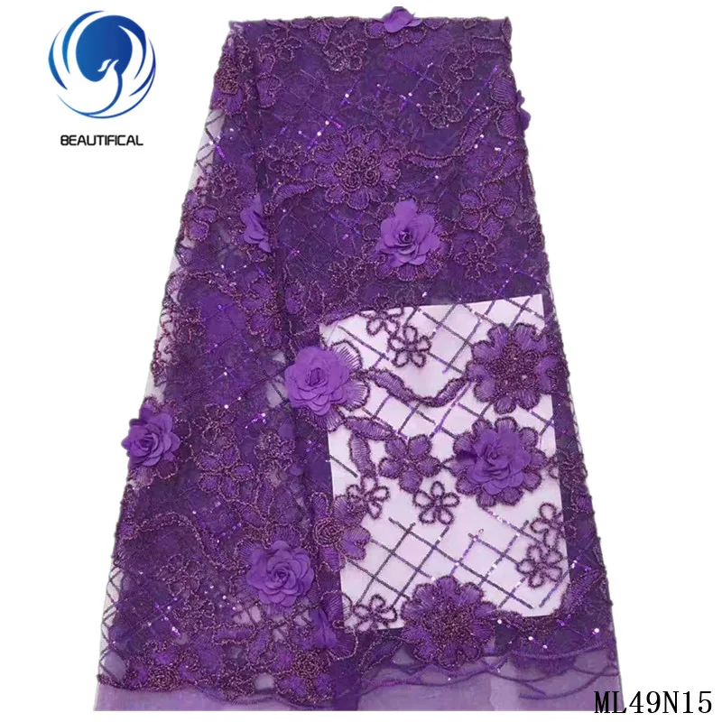 

BEAUTIFICAL nigerian lace fabrics 3d flowers net lace fabric Fashion embroidery sequins lace fabrics for dress ML49N15