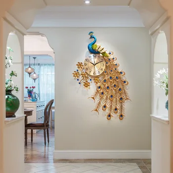 

Luxury Big Peacock Wall Clock Home Decor Wall Watch Living Room Clock Wall Modern Design Entrance Metal Silent Digital Clocks