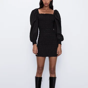

Women Fashion Pleated Black Bodycon Dress Puff Sleeve Slim Mini Party Dress Ladies Summer Square Collar Club Dress