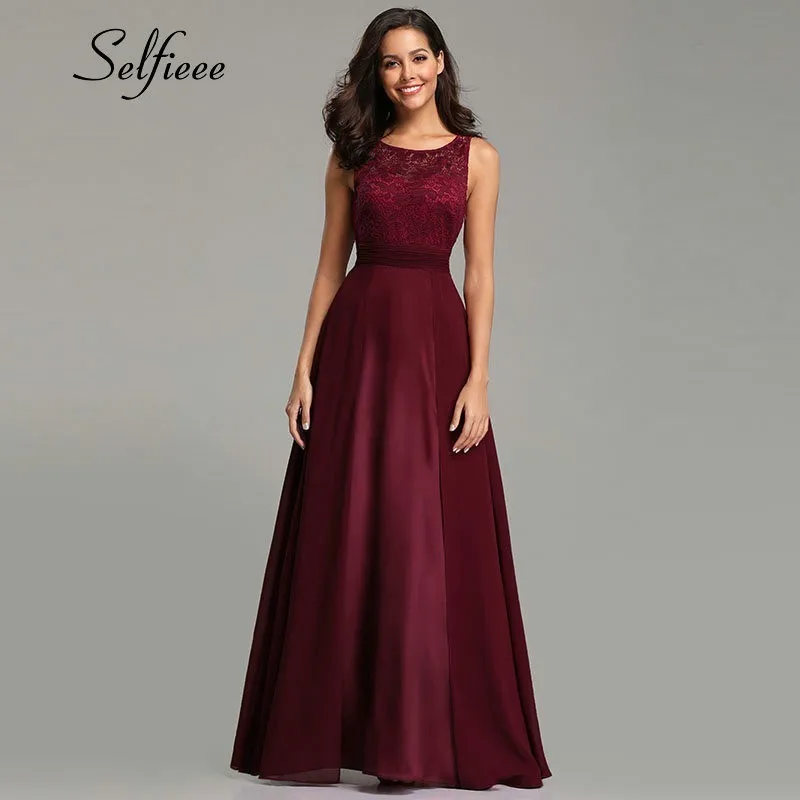 New Year Women Dresses Long Sexy A-line Sleeveless O-neck Chiffon Lace Summer Beach Dress Elegant Burgundy Party Gowns