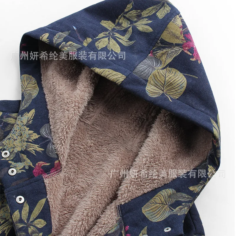 AliExpress стиль хлопок лен печать плюс бархат с капюшоном однобортное Женское пальто