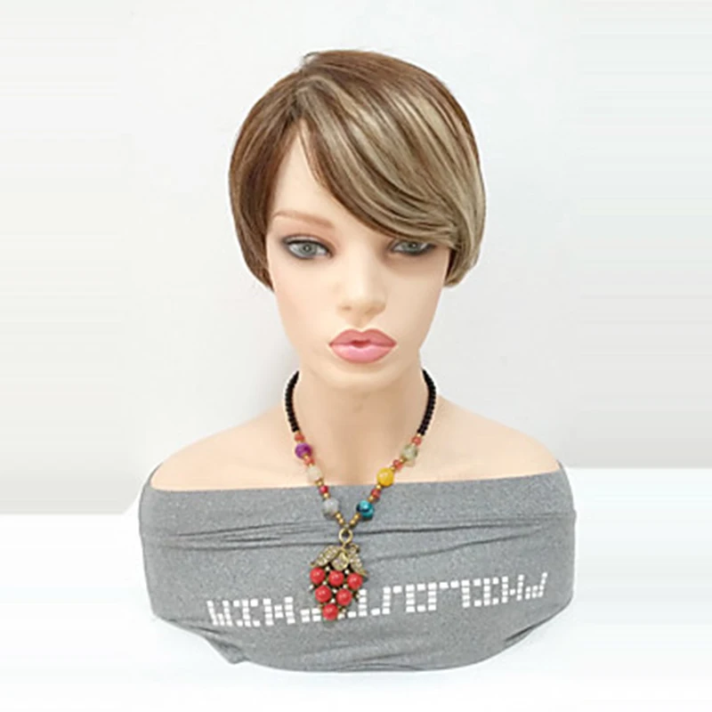 

HAIRJOY Synthetic Hair Women Short Straight Brown Blonde Double Color Mixed Heat Resistant Fiber Wig