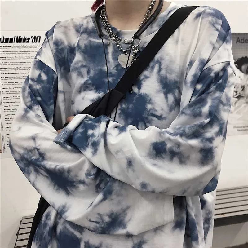 NiceMix/пуловер с длинными рукавами и принтом «Tie Dye», Корейская уличная одежда, Харадзюку, панк, хип-хоп, Весенняя футболка, футболка, Свободный Топ Wo - Цвет: Синий