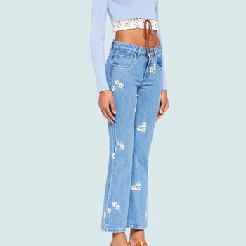

High Street Slim Flare Jeans Woman Embroidered Flower Casual Trousers Summer Blue Fashion Wide Leg Pants Women Jeans H021920