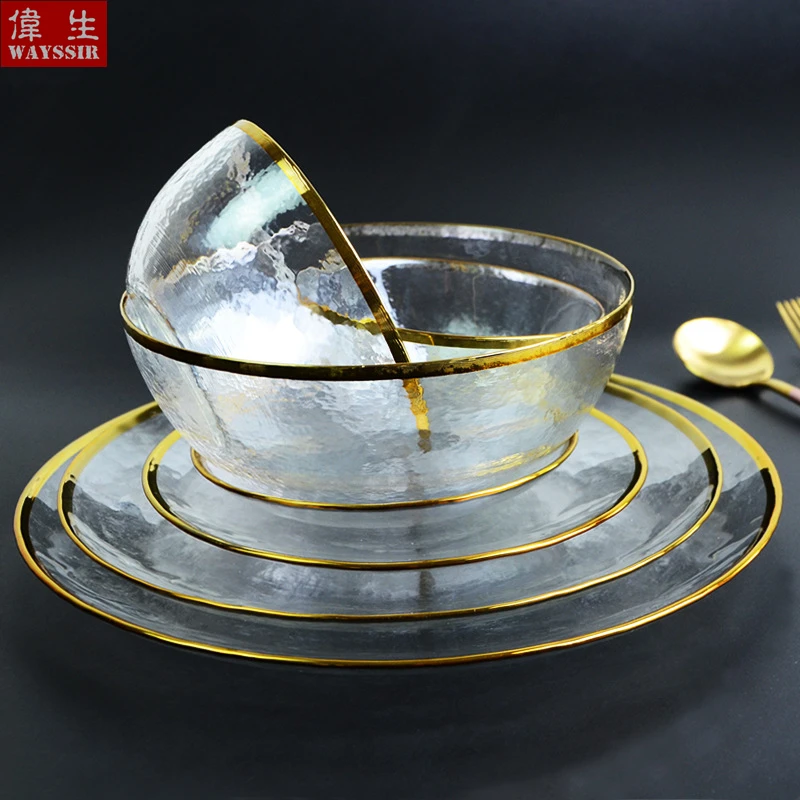 Nordic style gold-plated glass plate for fruit, dessert, salad, soup bowl, dinner, hotel, wedding, decorative tableware