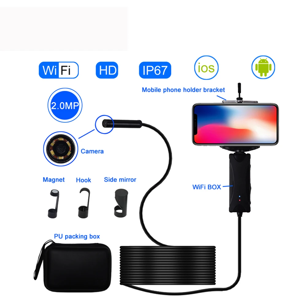 

WIF HD Endoscope Camera 200W Pixel Hard Wire Waterproof Borescope Industrial Handheld Borescope Wireless Monitor for iOS Android