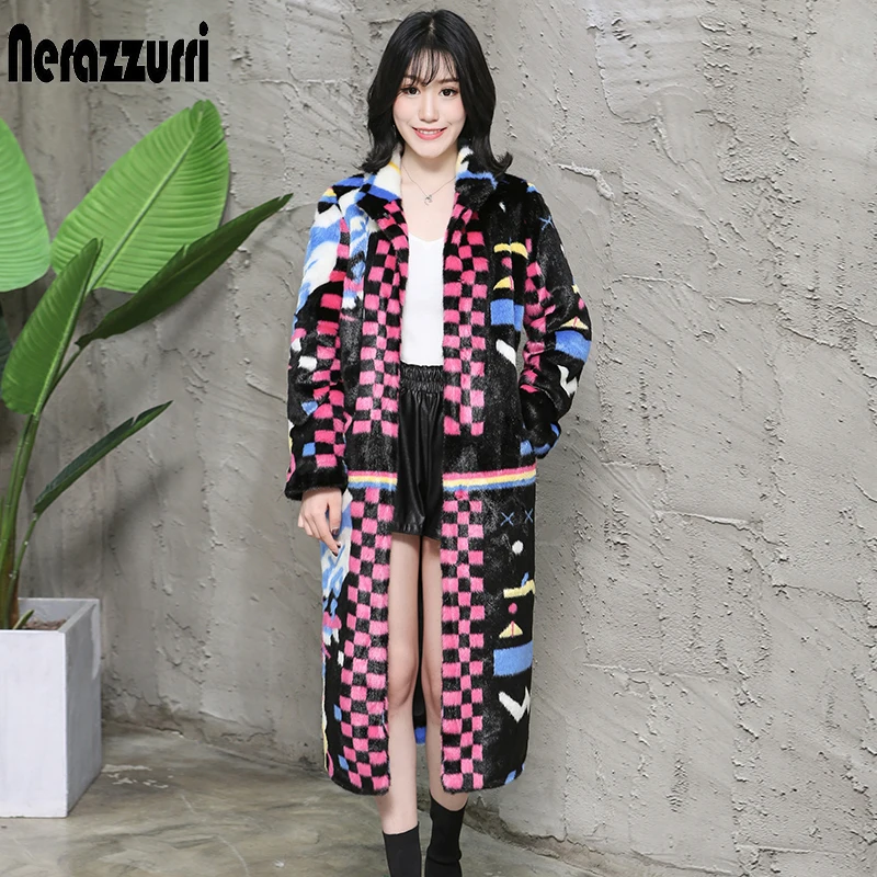 Nerazzurri Multi color women faux fur coat runway ladies long fur coats warm winter fashion designer brand luxury women clothing