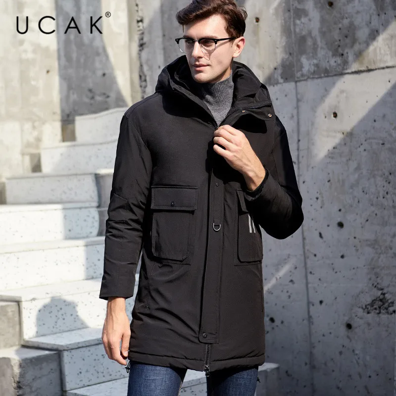 

UCAK Brand White Duck Down Jackets Male Long Fashion Stylish Pockets Hooded Modern Casual 2019 Winter Men Clothing Jacket U8017
