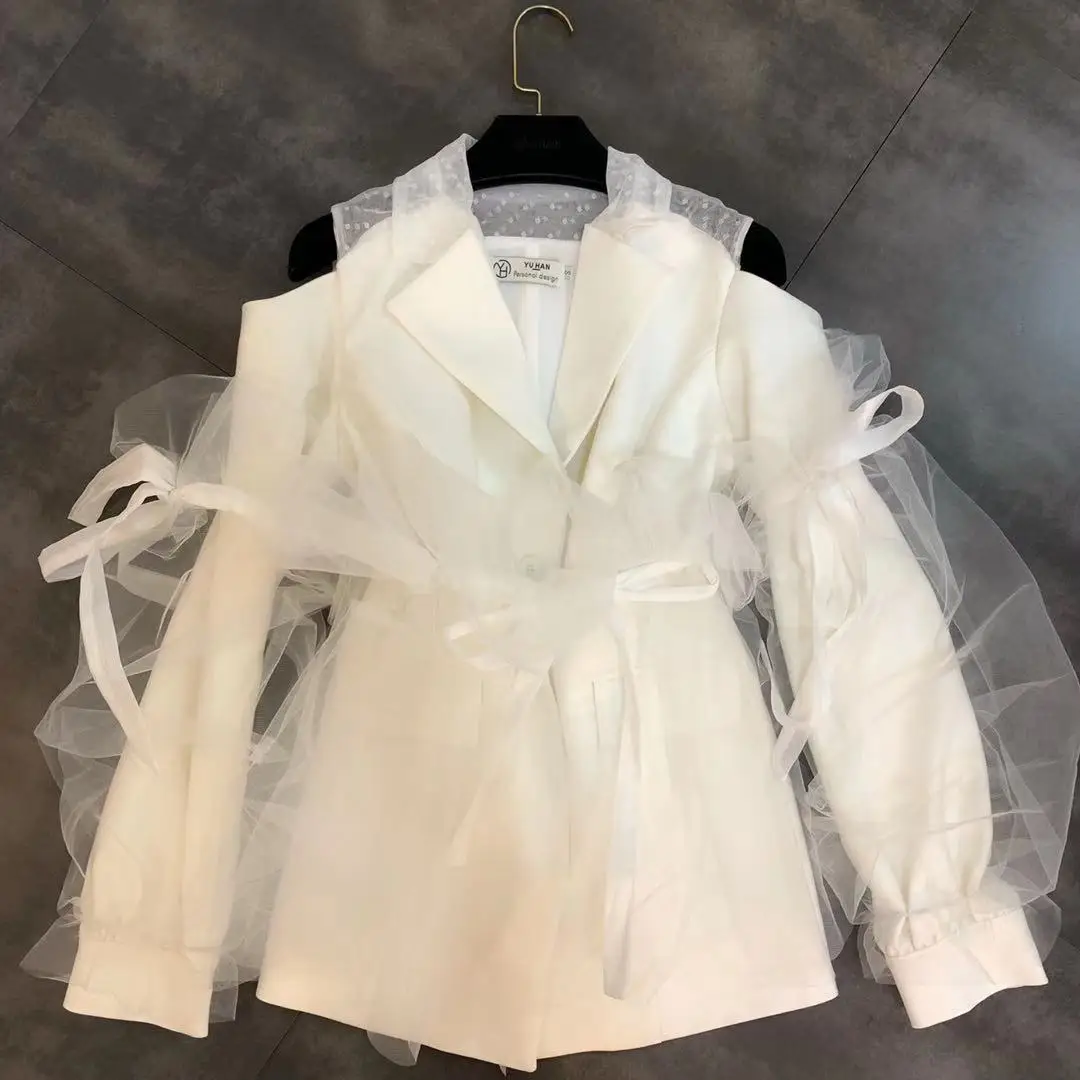 

2019 Autumn Women New Stitching Stereo Mesh Bitter Fleabane Detachable Small Woman Suit Jacket Coat Ladies Streetwear Long Coats