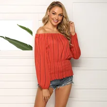 Casual Red Blouse Women Slash Neck Off Shoulder Full Lantern Sleeve Striped Stretchy Summer Clothes Shirt Blusa Feminina 2020 Casual Red Blouse Women Slash Neck Off Shoulder Full Lantern Sleeve Striped Stretchy Summer Clothes Shirt Blusa Feminina 2020