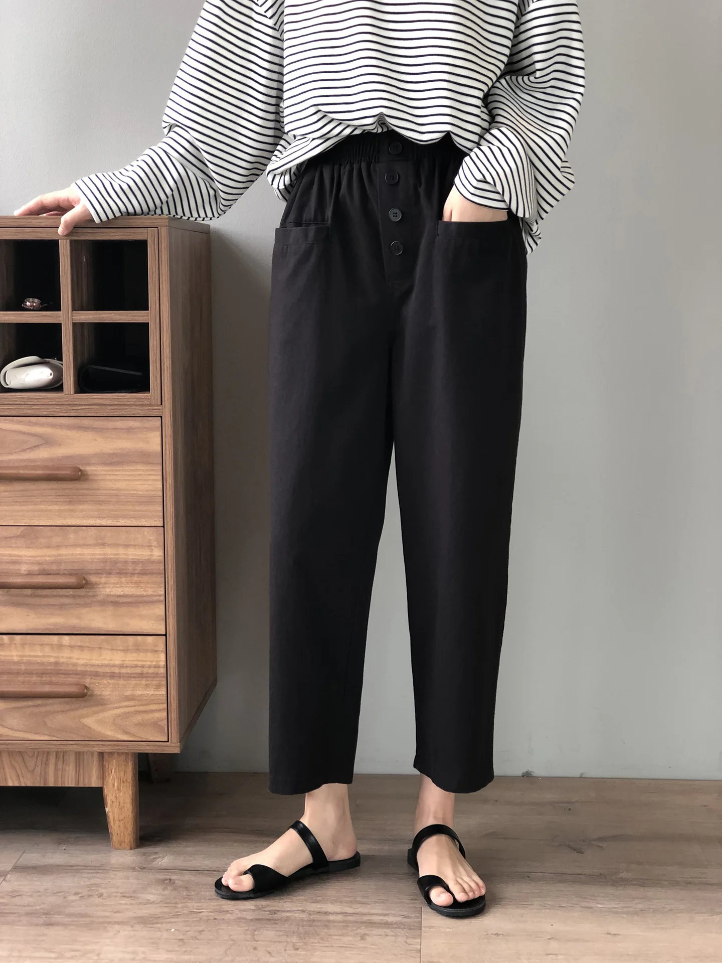 High Waist Wide Leg Pants Women 2020 Autumn New Korean Style Loose Solid Color Elastic Waist Casual Ankle-length Pants