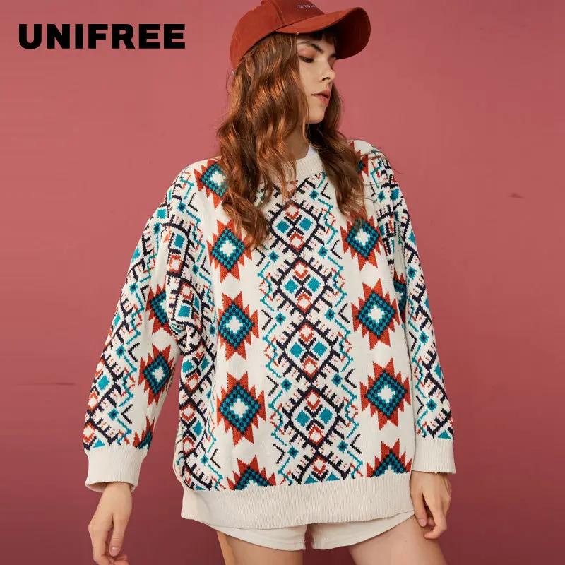 Женский свободный свитер UNIFREE2019 Повседневный контрастных цветов с круглым