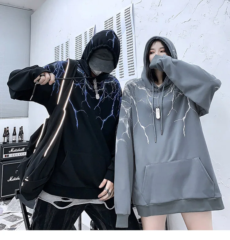 Hip Hop Lightning Hoodie Sweatshirt Men Harajuku Streetwear Hooded Pullover Cotton Autumn 2020 Loose Hoodie HipHop Hipster Black