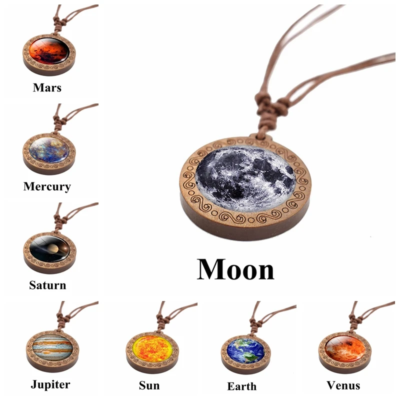 

Moon Rope Chain Necklace Glass Cabochon Wooden Pendant Solar System Earth Mars Saturn Jupiter Planet Necklace Jewelry