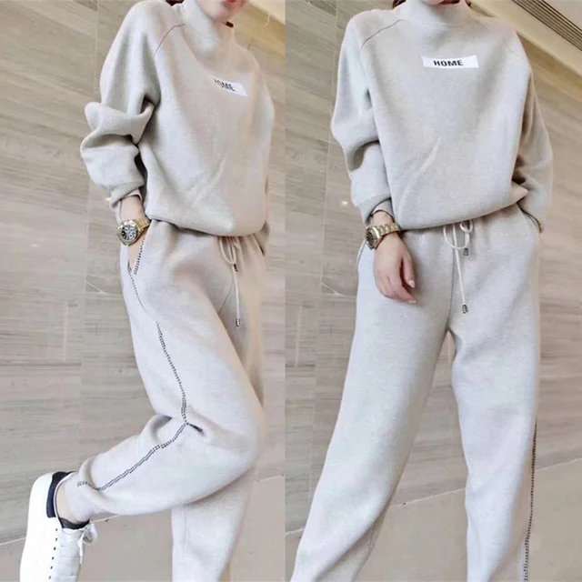 US $27.61 Women's sets 2019 autumn winter Woolen and Cashmere Knitted warm Suit O collar Sweater + Harem pant