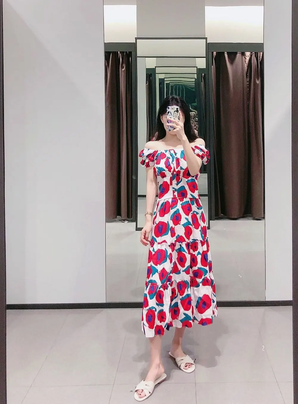 

French Complex Flower A- line Skirt High-waisted Slimming Elegant Mid-length Dress Women's Vacation Style Big Skirt Women's