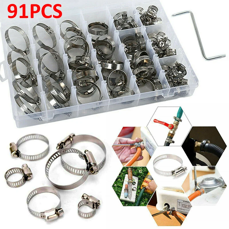 Kit de colliers de serrage en acier inoxydable, 91 pièces, assortiment de  colliers de serrage, Anti-rouille, sans conducteur, jeu de clips pour la  fixation des tuyaux - AliExpress