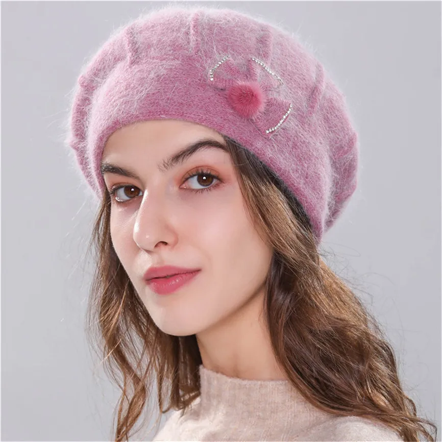 Детская шапка-бини, шерстяные шапки, женский берет, осенне-зимние мешковатые теплые вязаные крючком зимние шерстяные вязаные лыжные стильные художники - Цвет: Pink