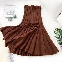 Винтажная черная кофейная бежевая Гибкая эластичная юбка миди с высокой талией, плиссированная теплая трикотажная юбка для женщин, зимние женские юбки