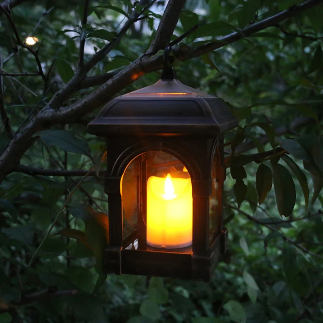 Home garden decoration light led outdoor twinkle candle lantern solar powered warm flame flashing tea light outdoor lamp