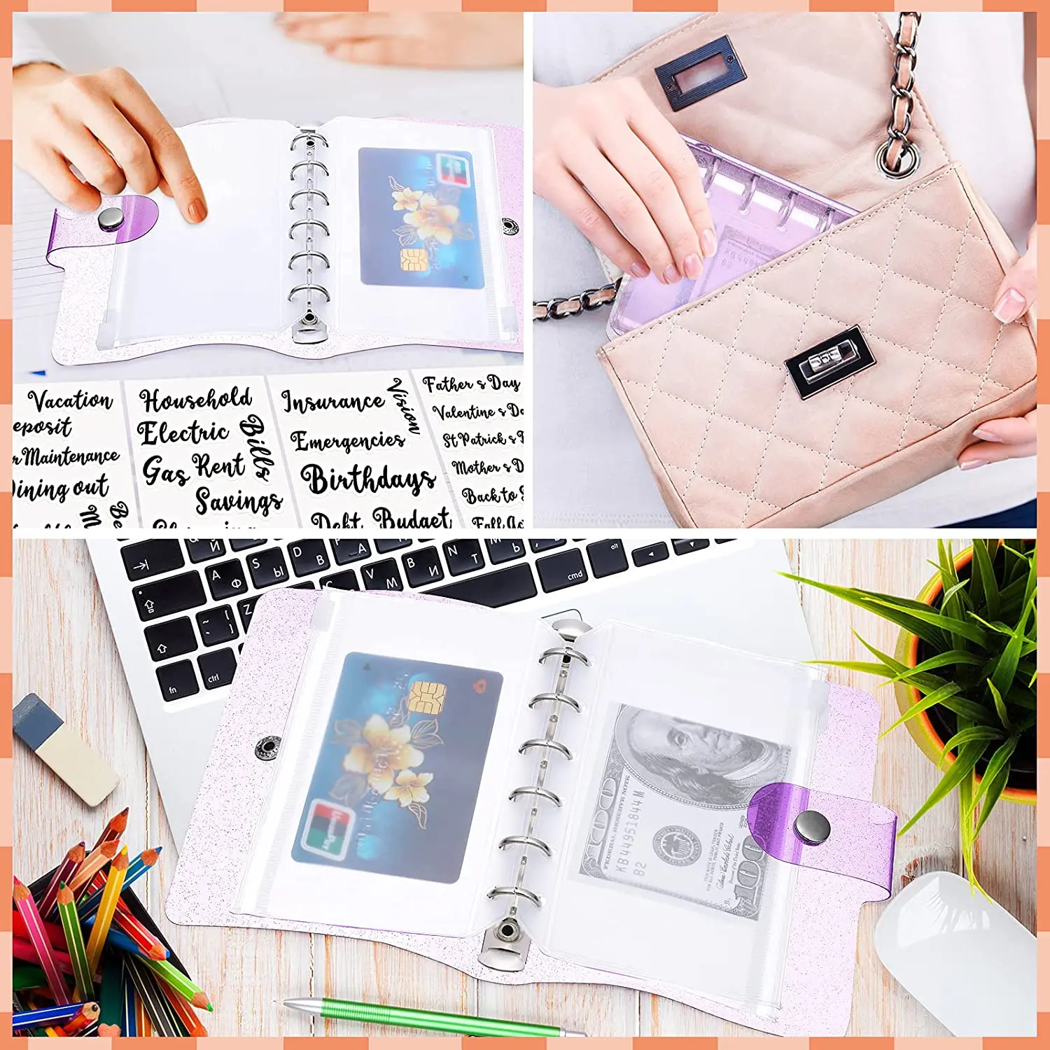 부드러운 PVC 6 링 바인더 커버, 미니 바인더 지퍼 포켓 12 개, 현금 봉투 스티커 2 장, 예산플래너용, A7, 15 개